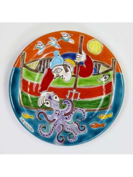 Sicilian handmade ceramic circular Plate DS de simone pottery octopus fishing 18 cm PT18DS-04