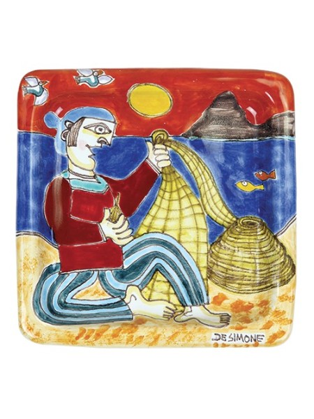 Piatto Quadrato 20x20 DS 13 Pescatore con Rete