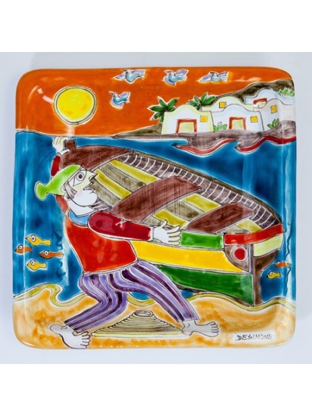Squared Plate Fisherman de simone pottery 24x24 DS 03