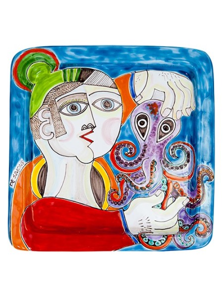 Handmade Sicilian Ceramic Squared Plate DS Octopus PQ28DS-3
