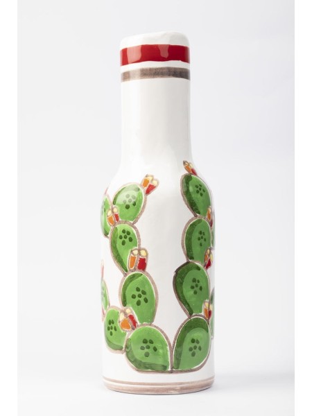 Bottiglia argilla bianca decorata a mano Fichi d'India Folk BT717AFK ceramiche siciliane de simone