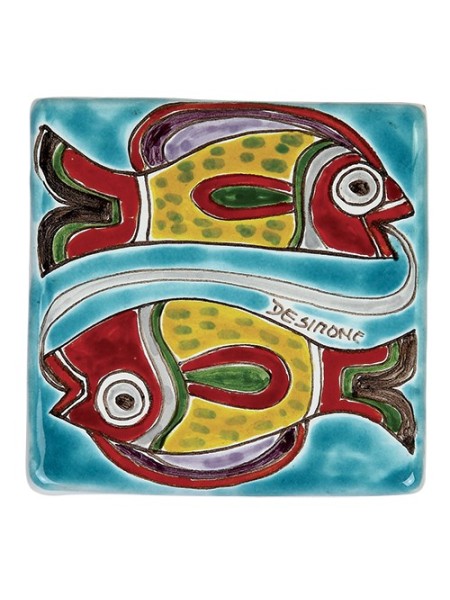 Decorative tile zodiac sign Pisces sicilian ceramic de simone pottery
