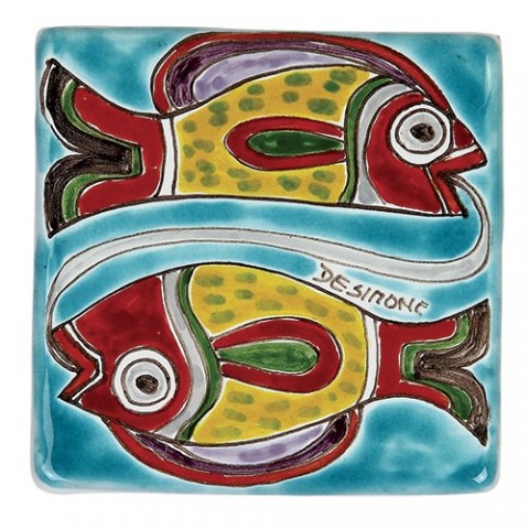 Decorative tile zodiac sign Pisces sicilian ceramic de simone pottery
