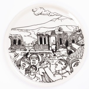 porcelain rounded plate de simone pottery white black Taormina