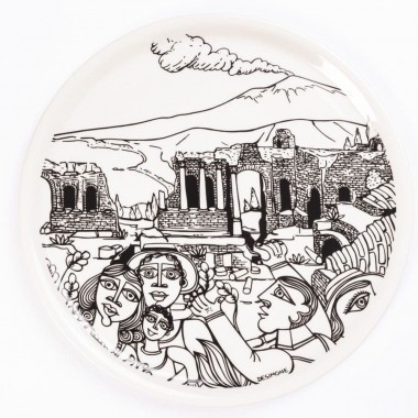 Piatto Pizza Tondo Bianco e Nero Taormina ceramiche de simone