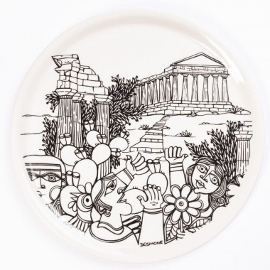 porcelain rounded plate de simone pottery white black Agrigento
