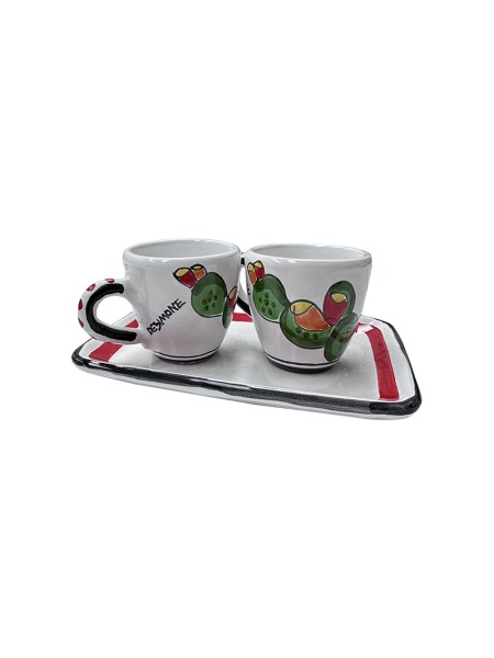 Coffee Cups with Tray Set Folk Pricly Pear De simone pottery