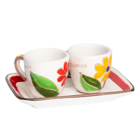 Handmade Sicilian Coffee Cups with Tray Set Daisy Folk Ceramiche De Simone