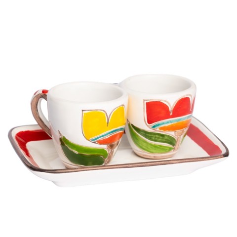 Handmade Sicilian Coffee Cups with Tray Set Tulips Folk Ceramiche De Simone