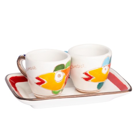 Handmade Sicilian Coffee Cups with Tray Set Fish Folk De Simone Pottery
