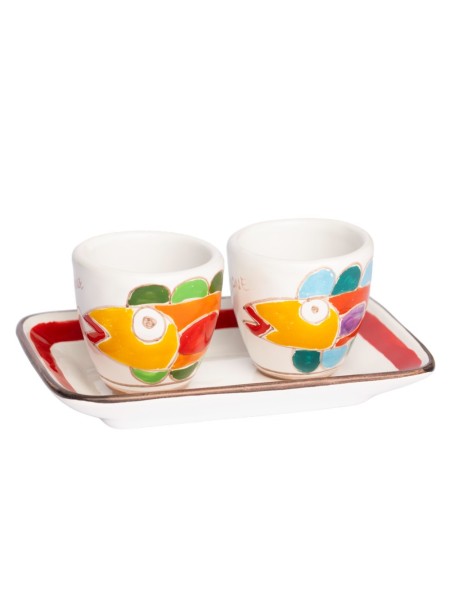 Handmade Sicilian Ceramic Coffee Cups with Tray Set Fish Folk De Simone Pottery
