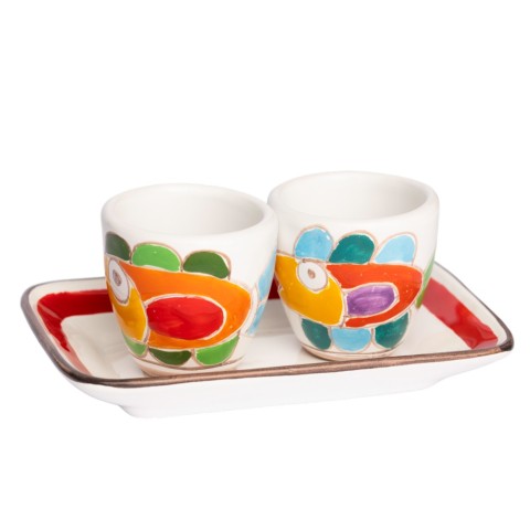 Handmade Sicilian Coffee Cups with Tray Set Fish Folk Ceramiche De Simone