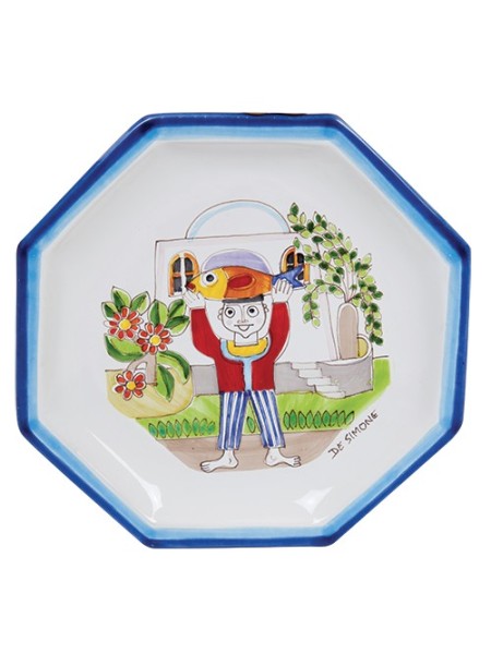 Piatto Ottagonale Folk POTFK-6 ceramiche de simone uomo con pesce