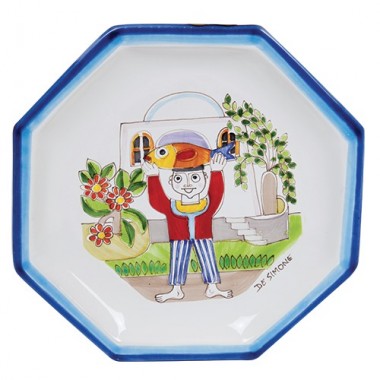 Octagonal Plate Folk POTFK-6 de simone pottery man with fish