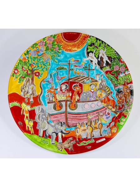 Ceramic round Plate DS Noah's Ark handmade sicilian de simone pottery