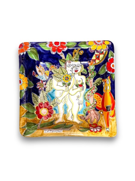 Handmade sicilian ceramic squared Plate DS Adam and Eve de simone pottery