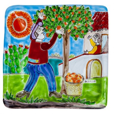 Squared Plate Oranges Harvesting De Simone Pottery 20x20 DS 08