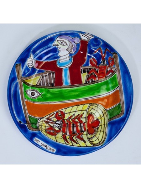Handmade sicilian Circular plate DS 18 cm Crab Fisherman PT18DS-30