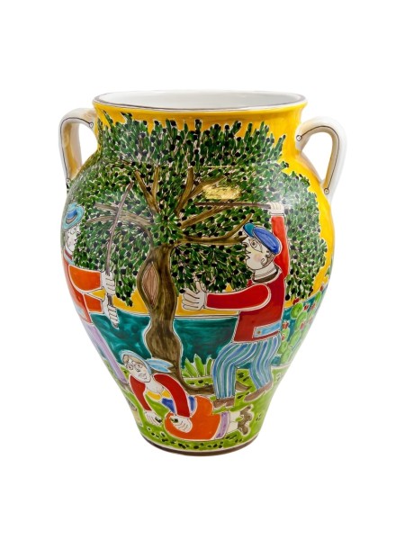 Handmade sicilian ceramic Vase DS Harvesting of Olives VS673GR