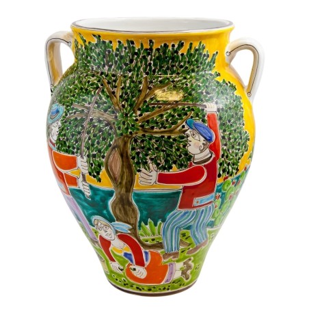 Handmade sicilian ceramic Vase DS Harvesting of Olives VS673GR