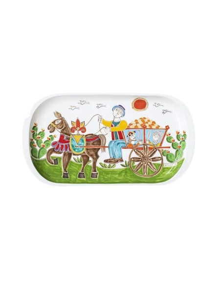 Handmade ceramic sicilian Rectangular Tray Folk Cart with Oranges VSS70FKE de simone pottery