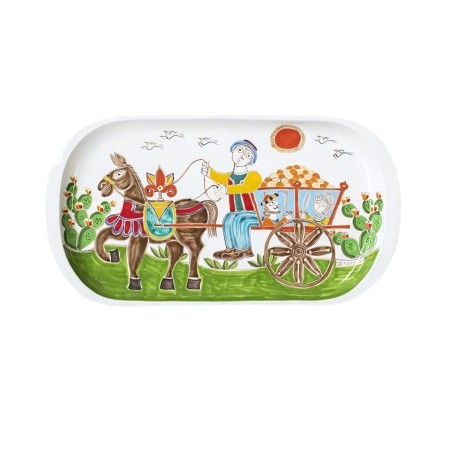 Handmade ceramic sicilian Rectangular Tray Folk Cart with Oranges VSS70FKE de simone pottery