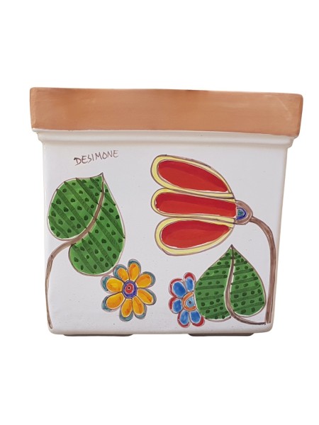 Squared vase floreal Folk De Simone handmade sicilian pottery