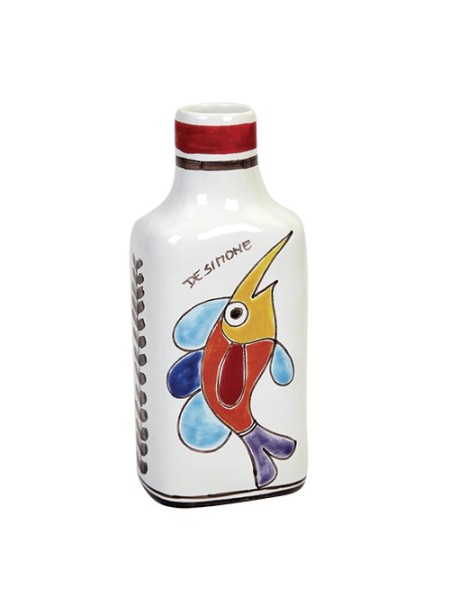 White clay handpainted sicilian bottle Folk Swordfish de simone pottery