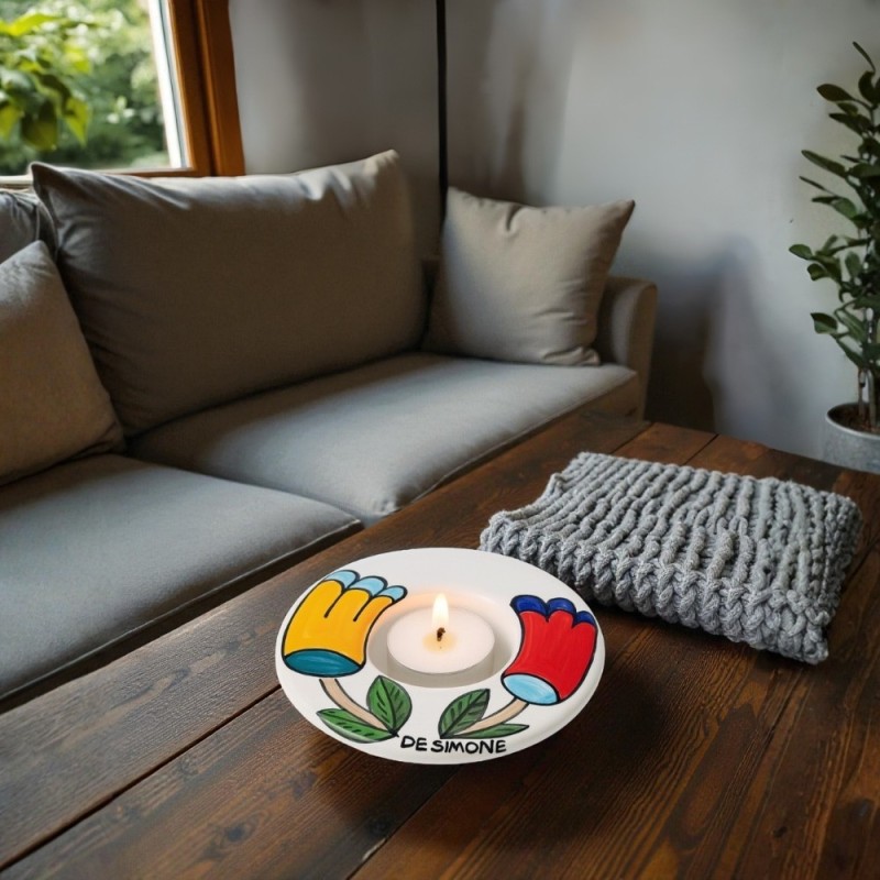 Portalumino tondo dipinto a mano Folk Tulipani Ceramiche De Simone