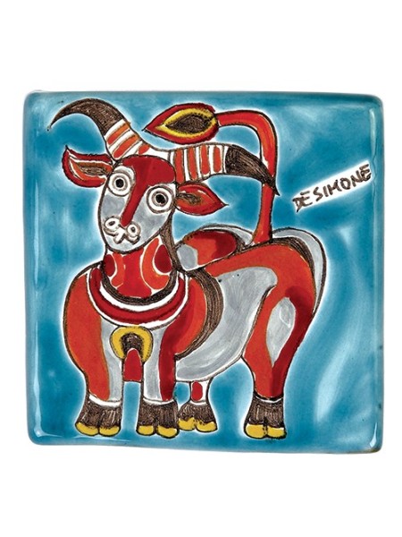 Decorative tile zodiac sign Taurus sicilian ceramic de simone pottery