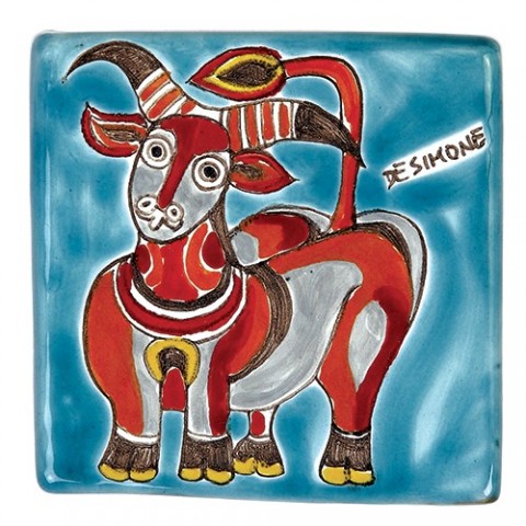 Decorative tile zodiac sign Taurus sicilian ceramic de simone pottery