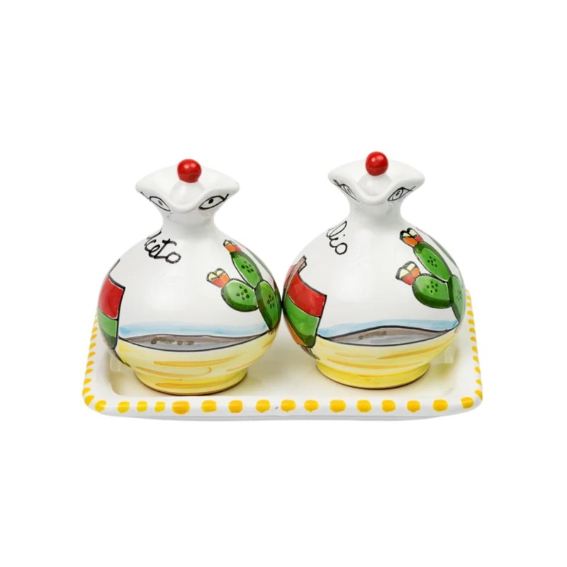 Oil and vinegar set Dammusi Elaborato De Simone sicilian handmade pottery