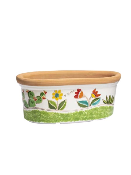 Handmade sicilian ceramic Planter Folk VSPO819FK-FC De Simone Pottery Prickly Pear Flowers