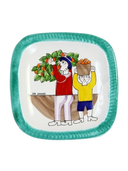 Piatto Stondato Folk Raccolta delle Arance 25x25 PQTFK-9 ceramiche de simone