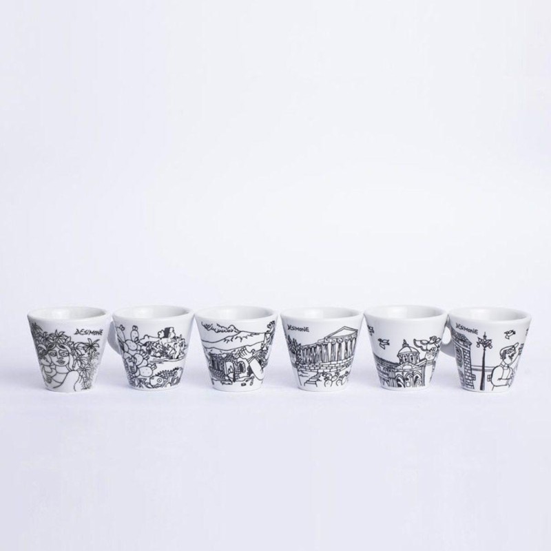 Set Tazzine caffè con Piattino ceramiche de simone bianco nero città siciliane