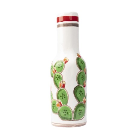 Bottiglia argilla bianca decorata a mano Fichi d'India Folk BT717AFK ceramiche siciliane de simone