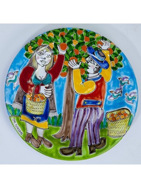 Sicilian handmade Circular Plate Oranges Harvesting DS 25 cm PT25DS-04