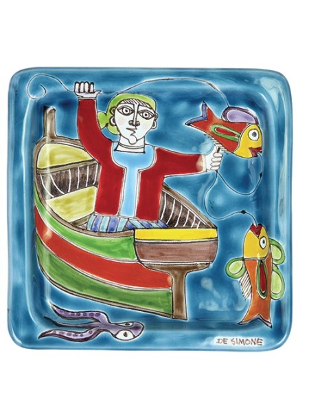 Squared Plate Fisherman De Simone Pottery 20x20 DS 26