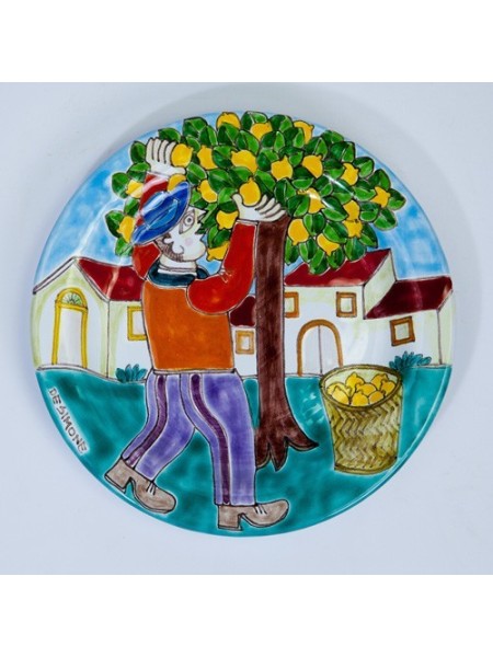 Handmade sicilian Circular Plate DS 18 cm Oranges Harvesting PT18DS-27