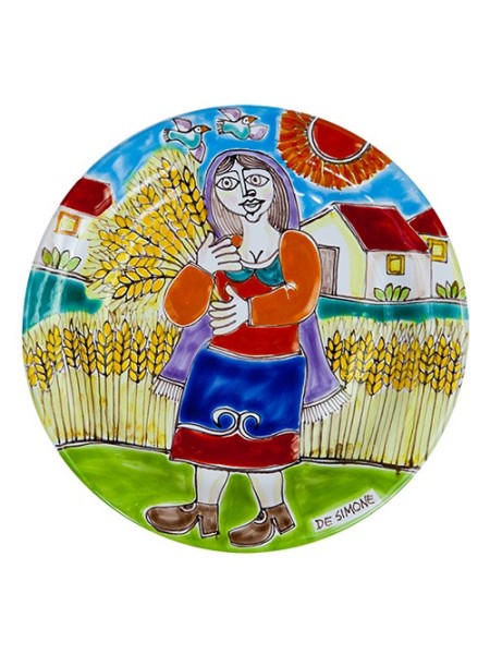 Ceramic handmade sicilian Circular Plate DS grain harvesting de simone pottery 18 cm PT18DS-06