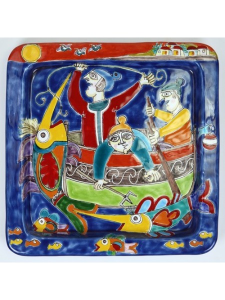 handmade sicilian Squared plate DS 28x28 Fishermen PQ28DS-4