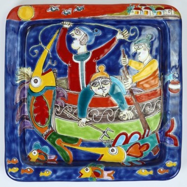 handmade sicilian Squared plate DS 28x28 Fishermen PQ28DS-4