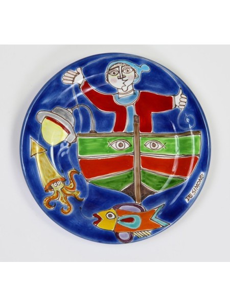 Sicilian handmade ceramic Circular Plate DS Fisherman 18 cm PT18DS-10