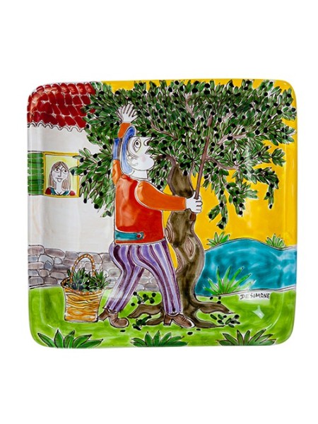 Piatto Quadrato Raccolta delle olive ceramiche de simone 20x20 DS 02