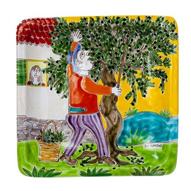 Piatto Quadrato Raccolta delle olive ceramiche de simone 20x20 DS 02