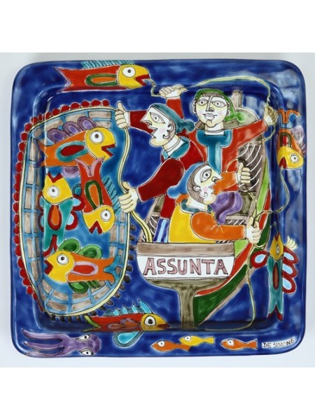 Piatto quadrato ceramica siciliana artigianale DS 28x28 Pescatori PQ28DS-5